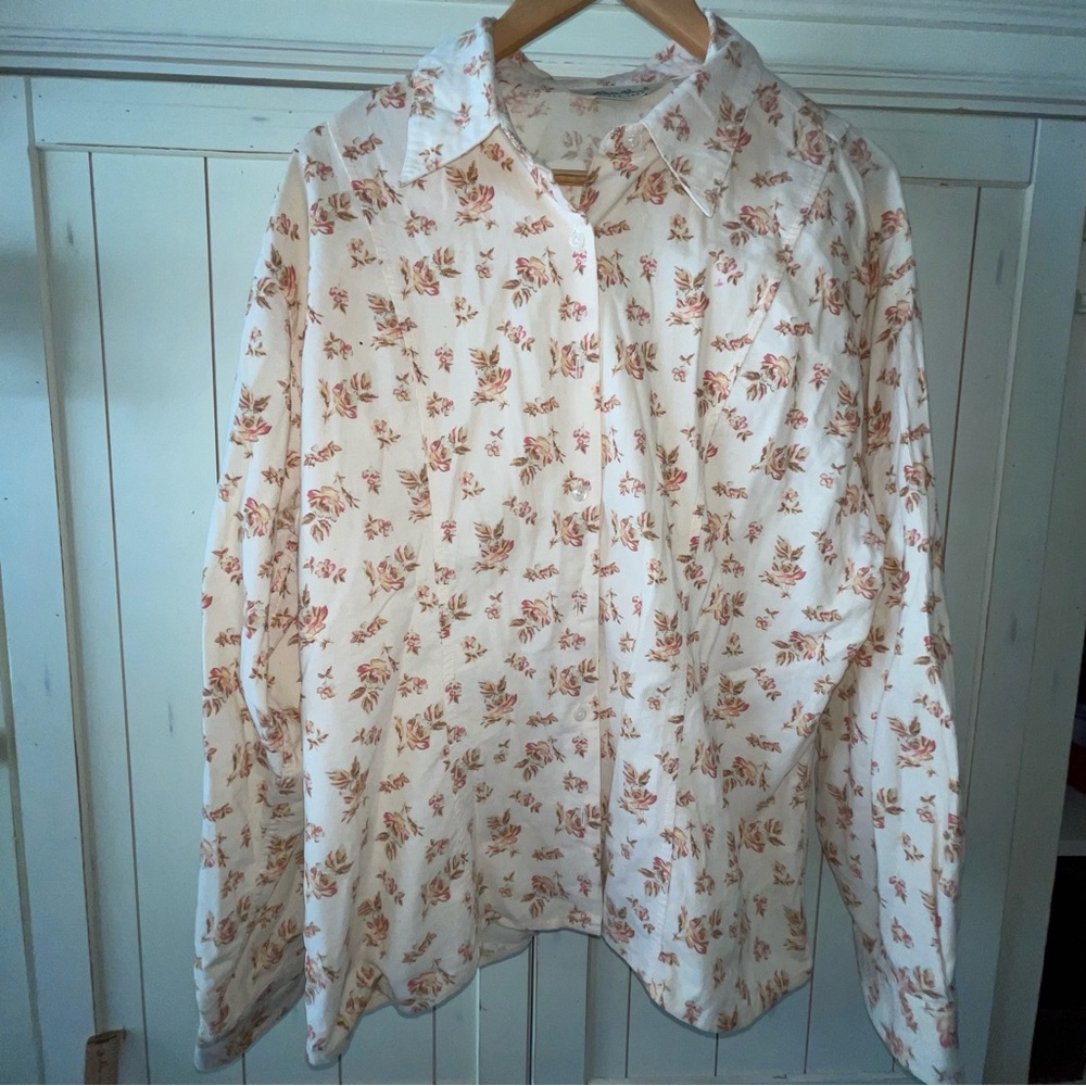 VTG Floral Corduroy Butyon Ip Eddie Bauer Long Sleeve Peasant Top Sz XL‎